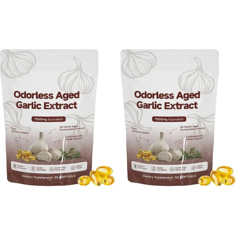 Odorless Aged Garlic Extract Softgels 7500mg 24-Month Fermented herbal Botanical Formula Cardiovascular Immune Support 30 Count
