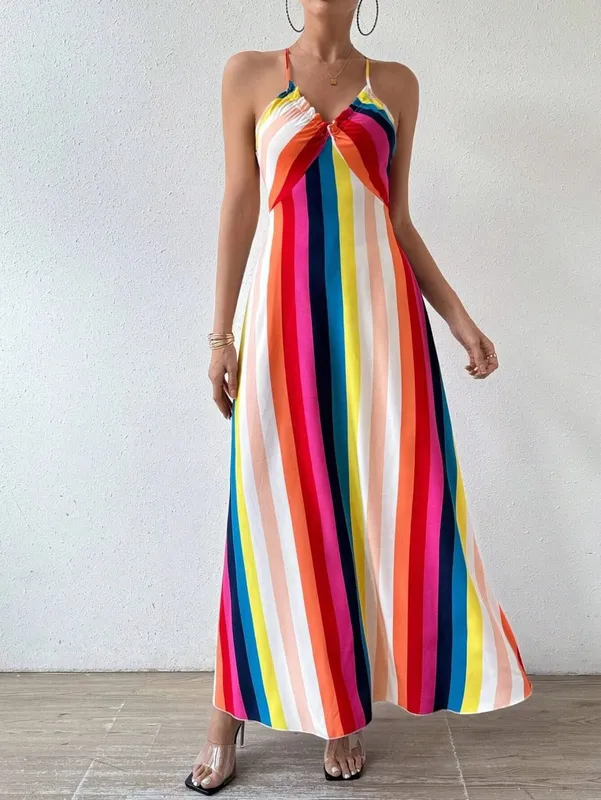 Women's Summer Ethnic Pattern Backless Split Thigh Dress Ladies Summer Clothes Boho Fashion Frill Trim Long Dress for Beach — image 6