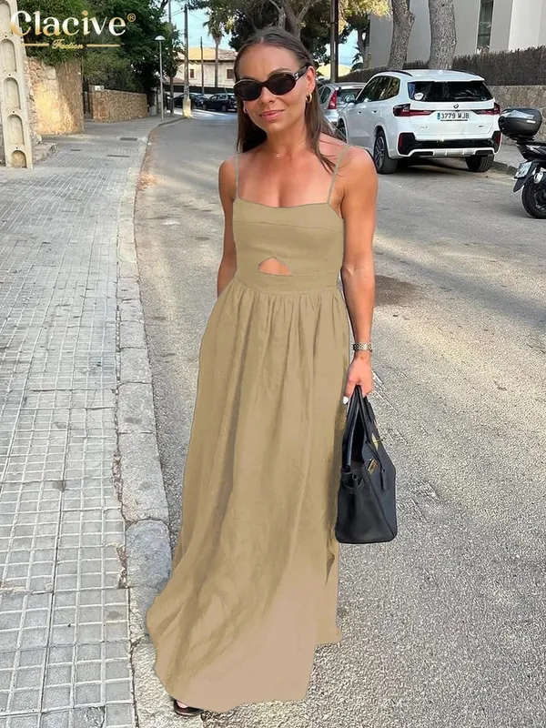 Clacive Sexy Loose Black Cotton Womens Dresses 2024 Summer Strap Sleeveless Ankle Length Dress Elegant Hollow Out Female Dress
