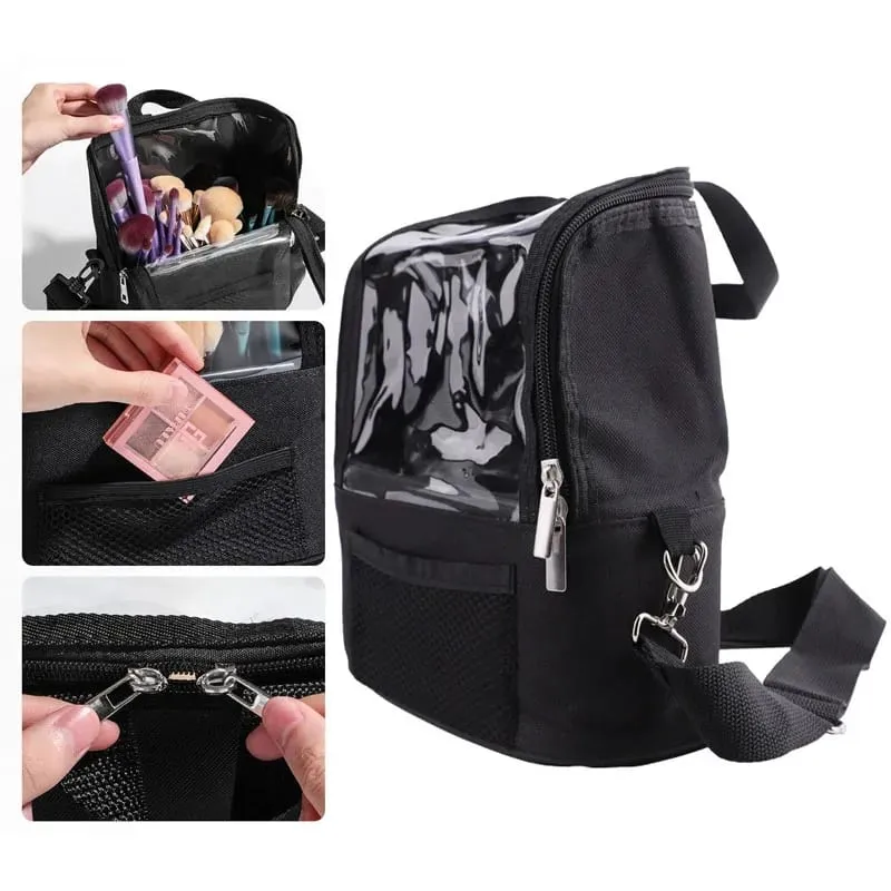 Clear Makeup Brush Holder with Lid Large Capatity Makeup Brushes Storage Bag Stand-up Makeup Artist Bags With Strap and Dividers