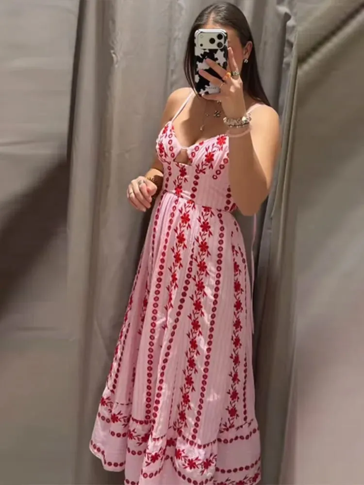 Sleeveless Women's Floral Print Maxi Dress Spaghetti Strap Sweetheart Neck Flowy Boho Vacation Dresses Summer New Cute Wear