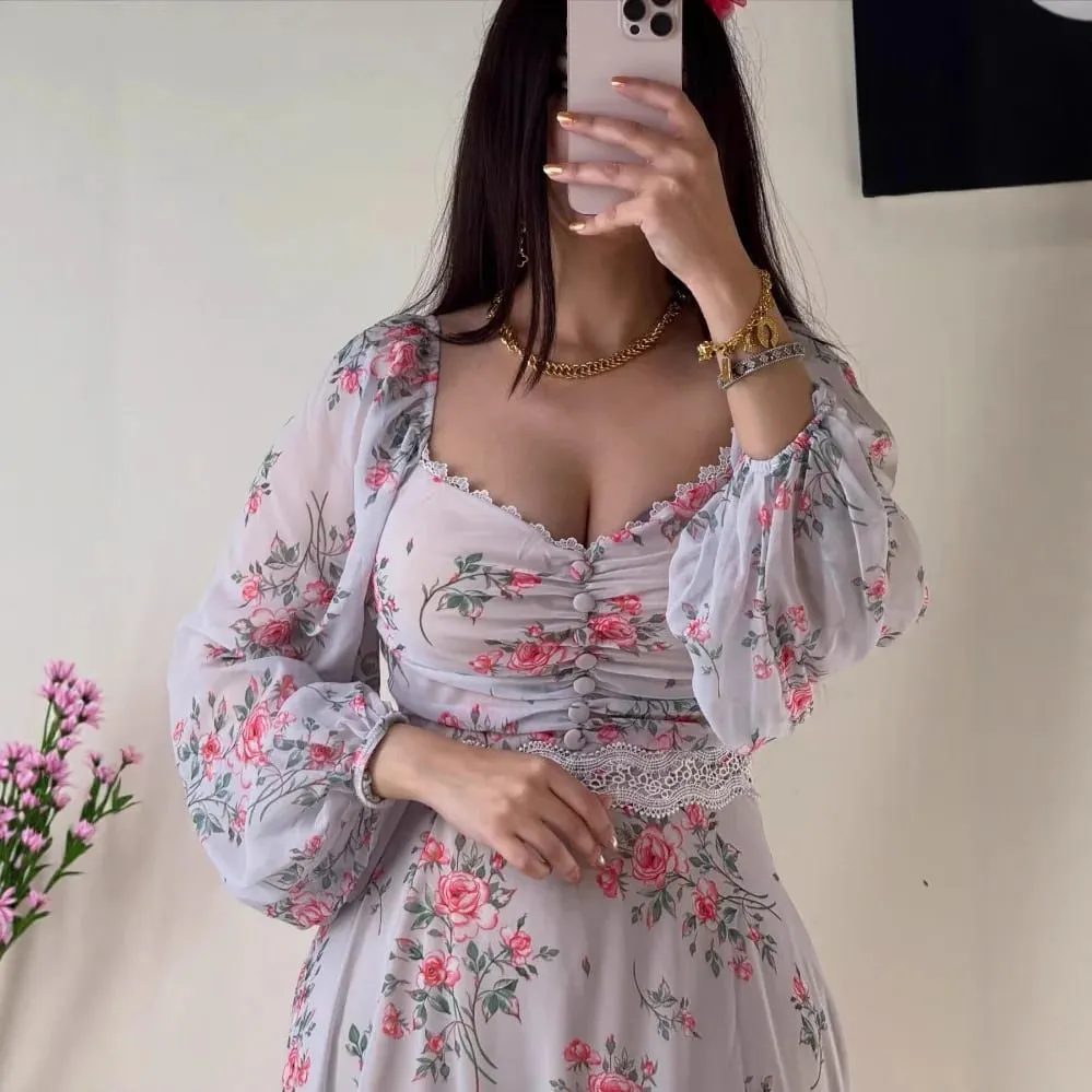 2025 Spring Summer American New Fashion Women's Printed Lace V-neck Long Sleeve Ankle Length Casual Trendy Chiffon Dress Female — image 5