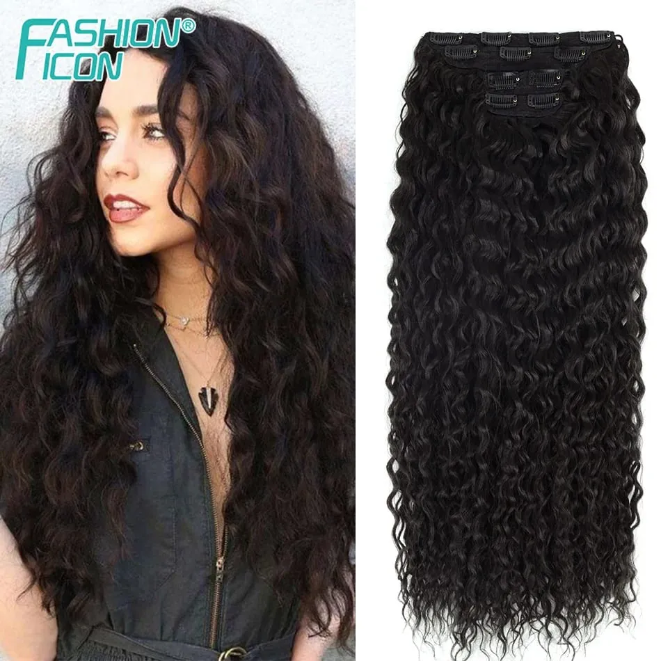 Synthetic Clip In Hair Extension Water Wave 28inch Long Curly Hair 4Pcs/Set 160g Full Head Fake Hairpiece For Women Daily Use