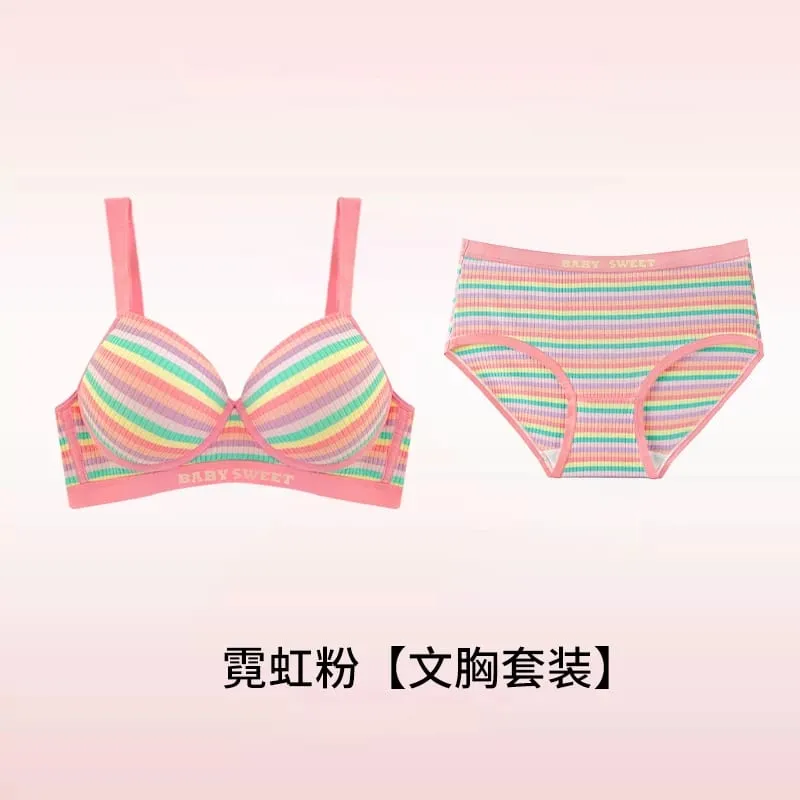 Stripe Women's Bra Set Gathered Anti-Sagging Small Chest Side Breast Reduction Underwear Cute Style Nylon