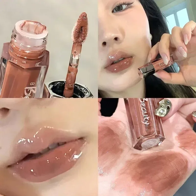 Ice Transparent Brown Lip Gloss Moisturizing Glossy Liquid Lipstick Nude Water Light Glass Mirror Lip Glaze Long-lasting Makeup