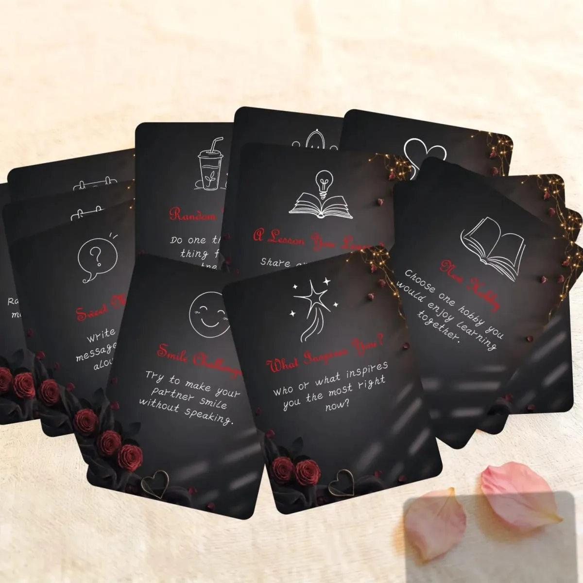 50Pcs Romantic Couple Challenge Cards Black Rose Design Interactive Communication Dating Game Cards for Couples Night