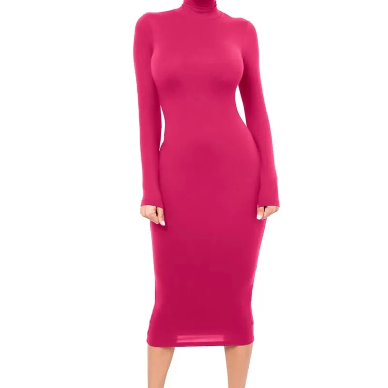Vinter Svart Turtleneck Sexig Damklänning Höst Långärmad Skinny Midi Boydcon Casual Blå Plysch Knälång Party Club