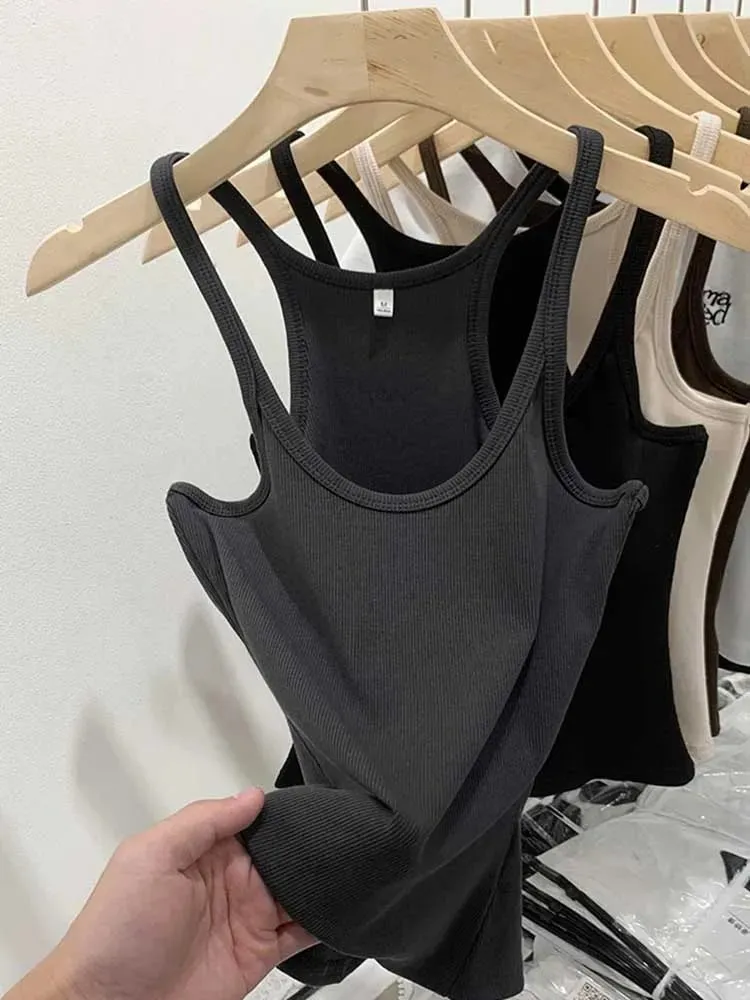 Summer New Solid Color Simple Women's Tanks Slim Casual Fashion Female Top Apricot Dark Grey Dark Coffee Black Tanks