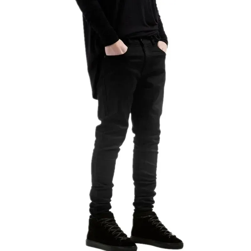 Spring Autumn New Black Stretch Men's Jeans Slim Small Feet Casual Simple Solid Color Male Skinny Denim Trousers Streetwear