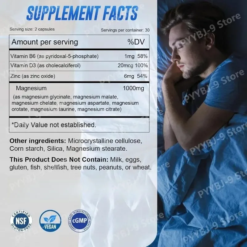 Magnesium-7-Komplex-Ergänzungsmittel mit Glycinat-Citrat-Malat-Chelat-Zink-Vitamin D3 B6 zur Linderung der Schlafmuskulatur, 60 Kapseln