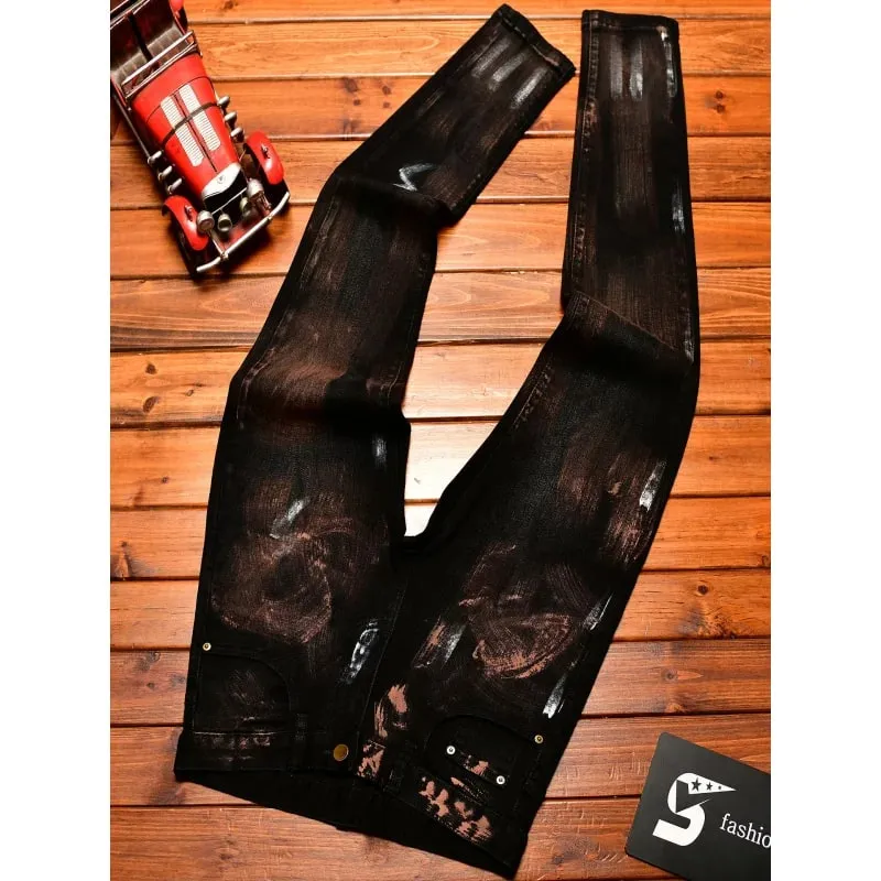 2025 Autumn Black Jeans Men's Inkjet Graffiti Printed Street Men's Clothing Nostalgic Trend High end Retro Denim Pants