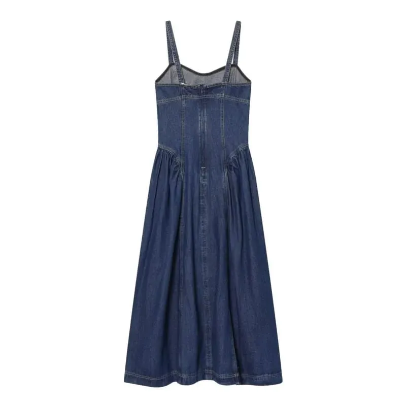 Women Denim Slip Dress with Flared Hem Fashion Casual Backless Sleeveless A-line Dress Female Vacation Style Dresses