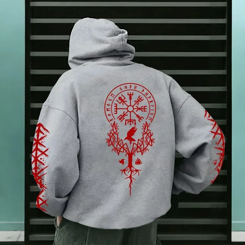 Edisi Musim Sejuk dan Musim Luruh Viking Nordic Runes Bercetak Baju Bertudung Lelaki Bersaiz Besar untuk Pakaian Kasual Jalanan