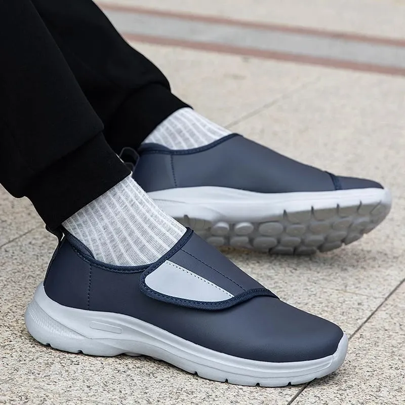 Men's Orthopedic Diabetic Leather Sneakers Adjustable Hook & Loop Wide Fit Open Shoes for Swollen Feet Comfortable Walking Shoes
