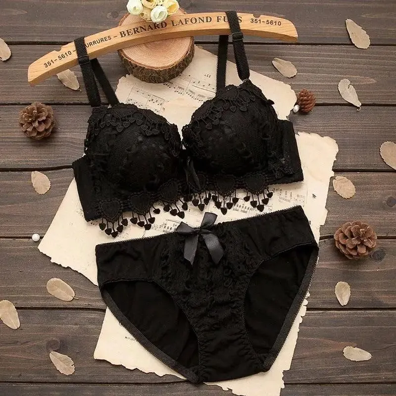 Underwire Women Lingerie Set Tassel Lace Push‑Up Bra With Removable Pads Bow Soft Multi‑Color Comfort Ladies Intimate Underwear
