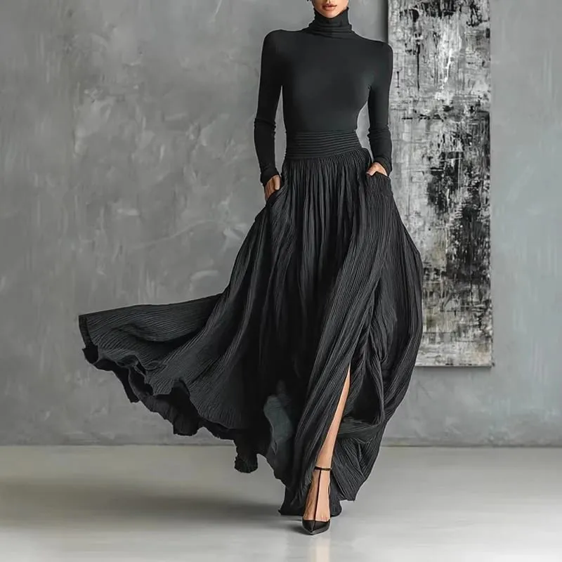 France Elegantes zweiteiliges Rock-Set für Damen, Taschen, solide, minimalistisch, geteilter Saum, plissiert, A-Linie, Vintage-Rollkragen, schmale Anzüge