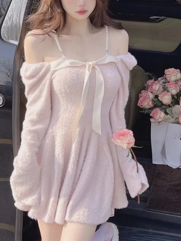 Sweet Knitted Sweater Dress Women Casual Long Sleeve Elegant French Y2k Mini Dress Even Party Spring Korean Fashion Dress Sets