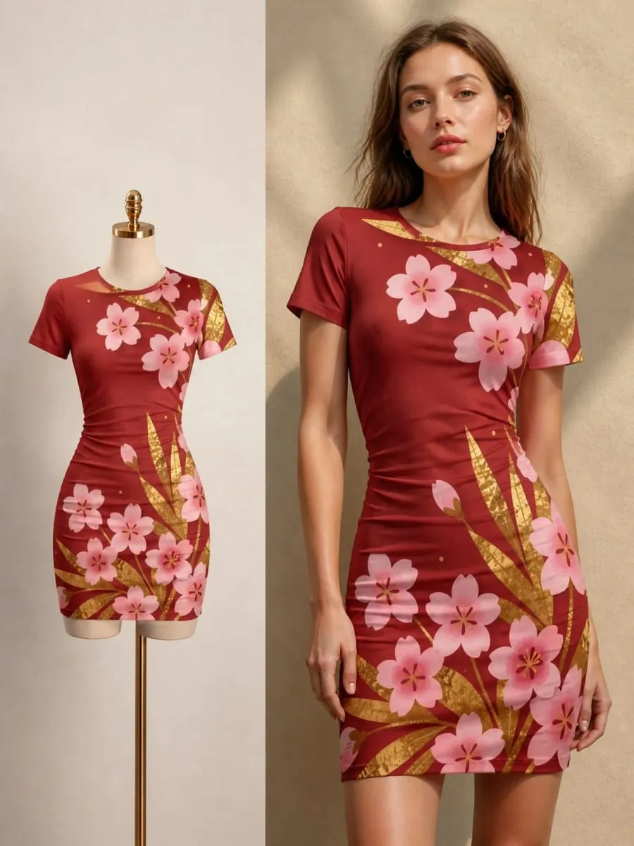 Womens Short Sleeve Bodycon Mini Dress Slim Fit Crew Neck Floral Print Casual Summer Party Cute Sweet Slimming Vacation Sundress