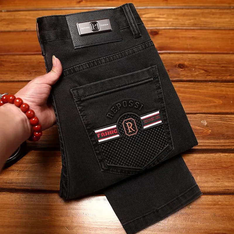 2025 new fashionable light luxury jeans for men trendy 3D printed design slim fit small feet elastic denim pants