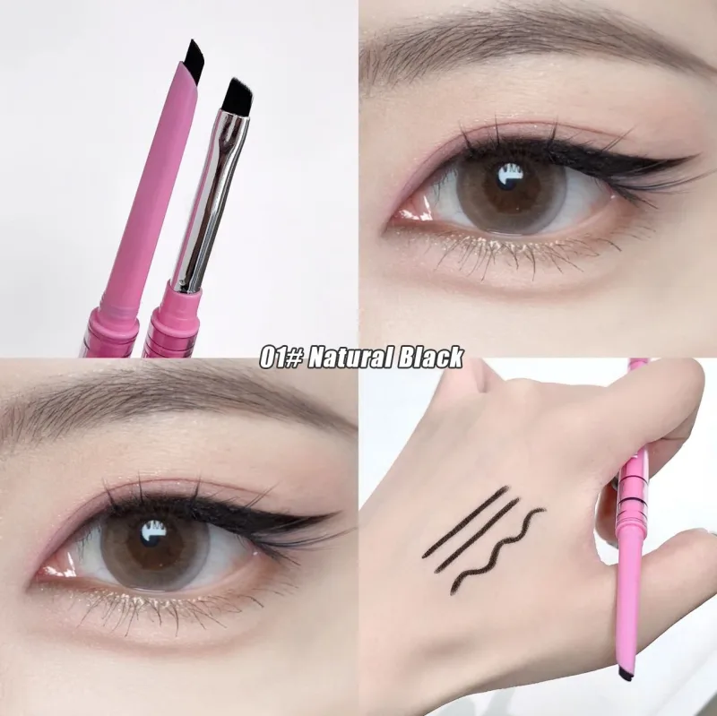 Double-headed Natural Black Eyeliner Gel with Brush Smudge-Proof Waterproof Creamy Smooth Rose Pink for Brows & Under Eye Makeup