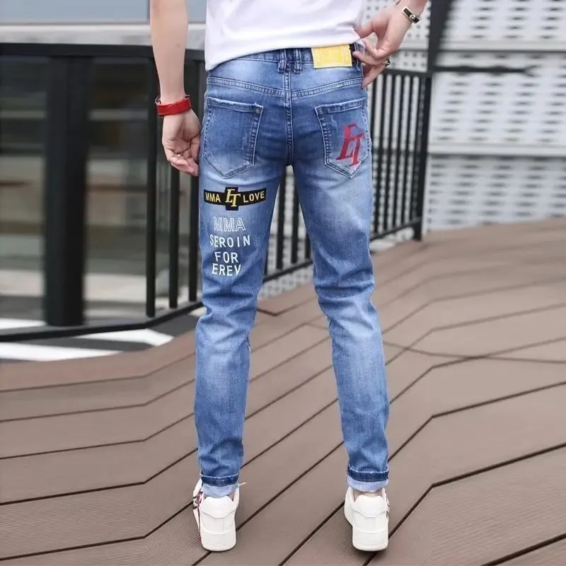 Trendy Brand Letter Printing Pattern Embroidered Jeans Men's Korean Graffiti Slim-fitting Small Feet Versatile Casual Trousers — image 5