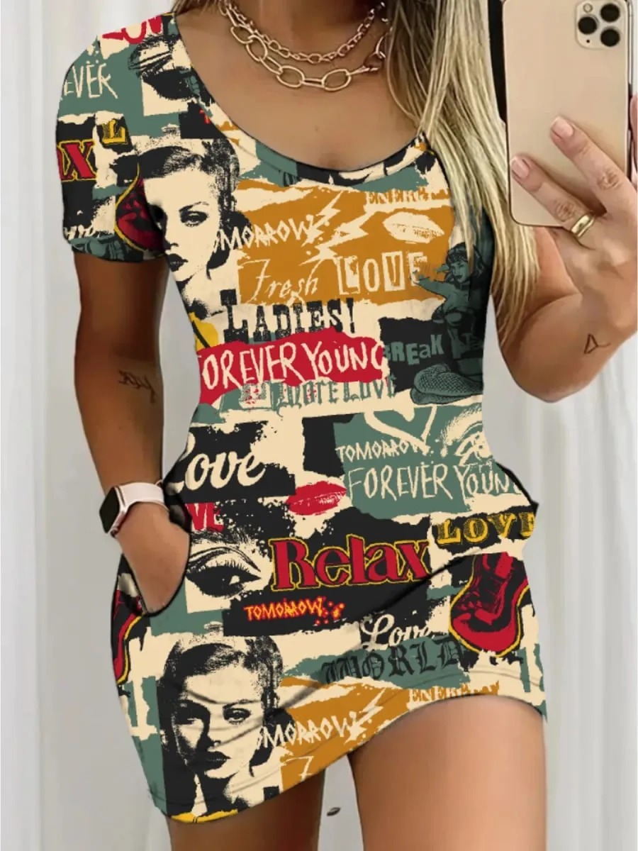 Women's Casual round Neck Short Sleeve Dress Mini Elegant Comfortable Skirt with Letter Figure Pattern Print