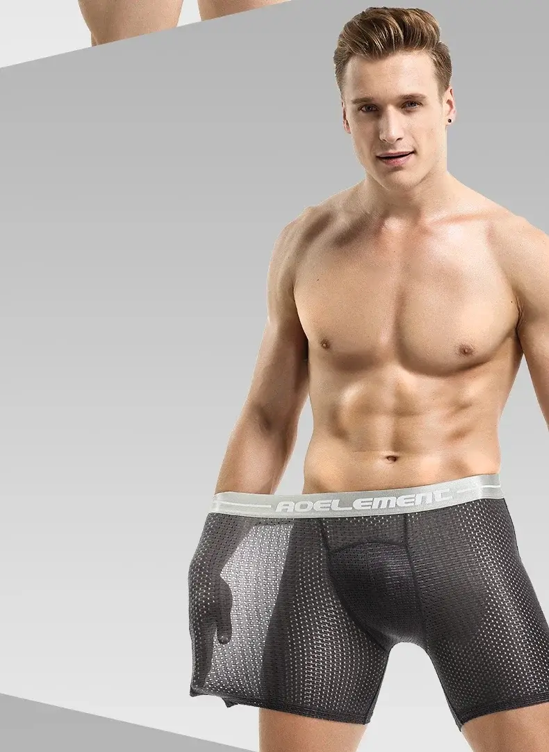 Professional sports men's underwear lengthened anti-wear leg boxer shorts ice silk hollow breathable quick dry running long leg