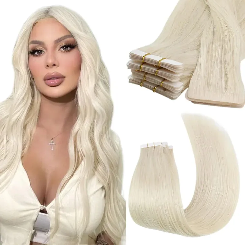 Moresoo Injection Tape Hair Extensions Ash Blonde Highlight Virgin Hair Natural Straight Brazilian Tape in Human Hair Extension