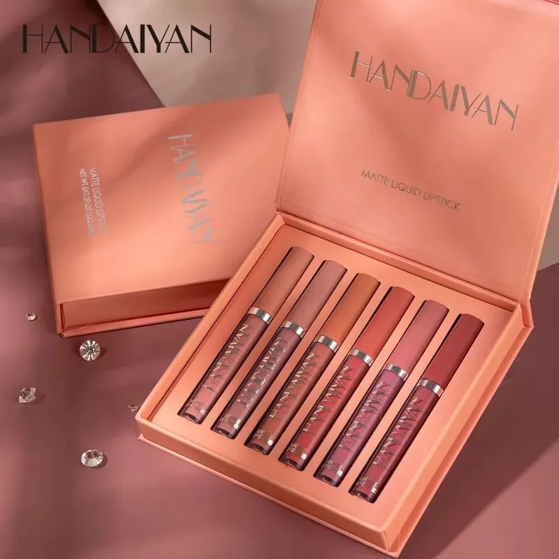 6pcs/Set Lip Gloss Long Lasting Waterproof Matte Lip Tint NonStick Cup Liquid Lipstick Gift Box Cosmetics Makeup
