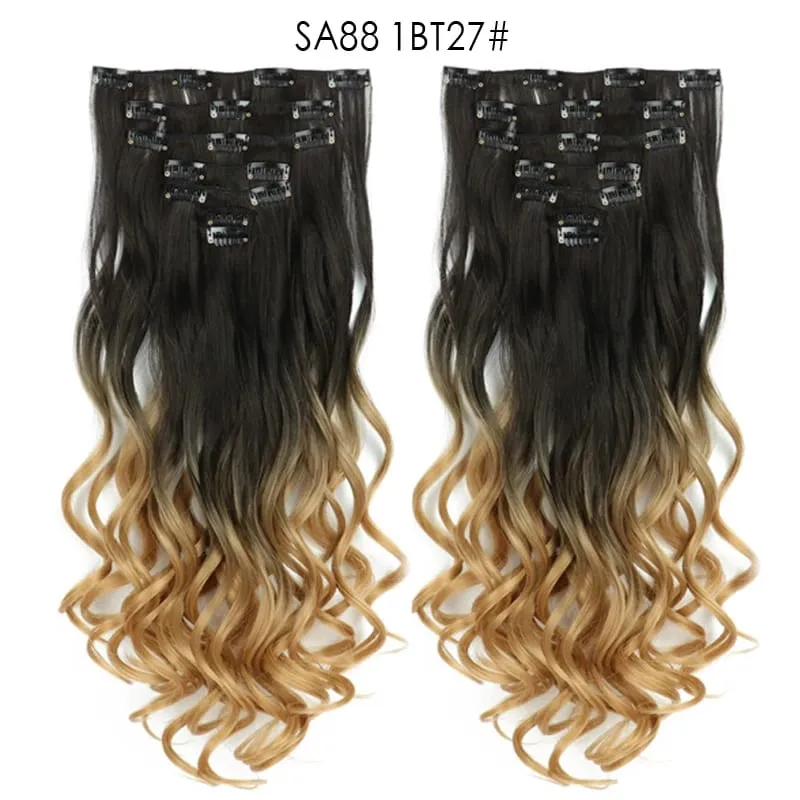Clip in Long Wavy Synthetic Hair Extension 22 Inch Black 7PCS Thick Hairpieces Fiber Double Weft Hair for Women
