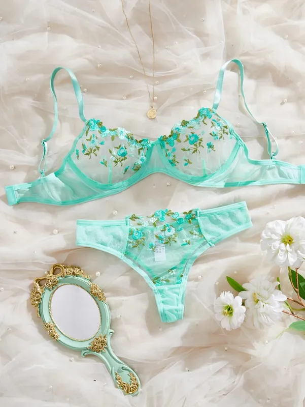 Womens Embroidered Bralette And Panty Set Floral Design Soft Stretch Fabric Comfortable Everyday Underwear