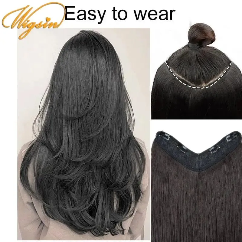 Synthetic 55cm V-shaped Layered 4 Clips Long Straight Hair Extension Natural Invisible Hairpiece Wig for Women