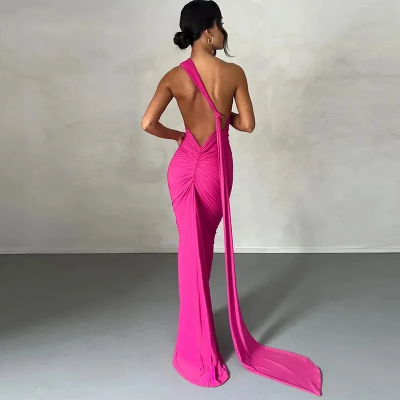 Abito maxi senza maniche monospalla da donna Sciarpa regolabile con passante increspato senza schienale aderente Festival Party Outfit Abito lungo elegante