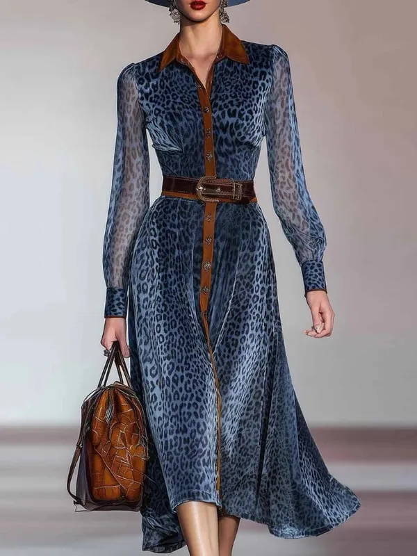 Elegant ผู้หญิงชุด Retro Turndown COLLAR เสือดาวพิมพ์ชุดยาวฤดูใบไม้ร่วงเดี่ยวแขนยาว Western คาวบอยชุด