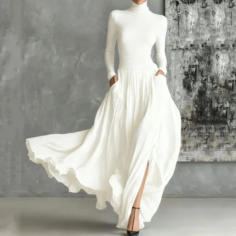 France Elegantes zweiteiliges Rock-Set für Damen, Taschen, solide, minimalistisch, geteilter Saum, plissiert, A-Linie, Vintage-Rollkragen, schmale Anzüge — image 1