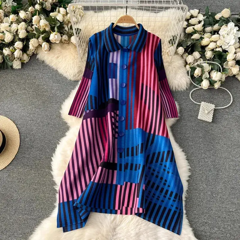 Miyake Abito drappeggiato a pieghe Donna 2024 Primavera Estate Colorblock Stampa Risvolto Manica 3/4 Abiti camicia monopetto moda