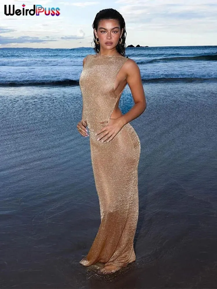 Weird Puss See Through Γυναικείο φόρεμα 2024 Summer Thin Sleeveless Glitter Splits Κοκέτα με εξώπλατο ρούχο συλλόγου Beach Sexy Vestidos