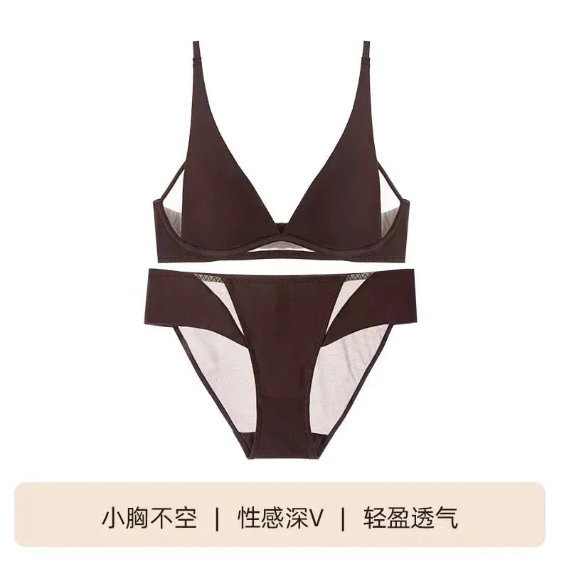 French Triangle Bra Rabbit Ear Cup Deep V Wireless Bralette for Small Bust No Gap Sexy Lingerie Set Breathable Summer Thin