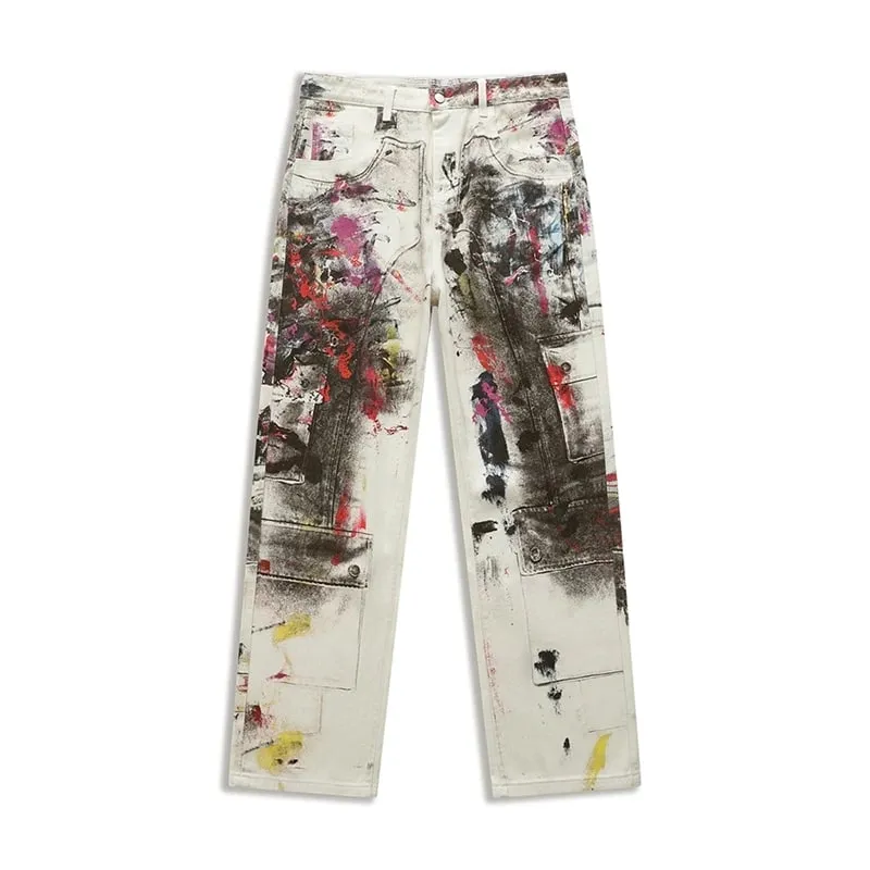 Edgy Men's Splatter Paint Jeans Black White Print Wide Leg Baggy Fit Distressed Streetwear Premium Denim Pants 9X2984