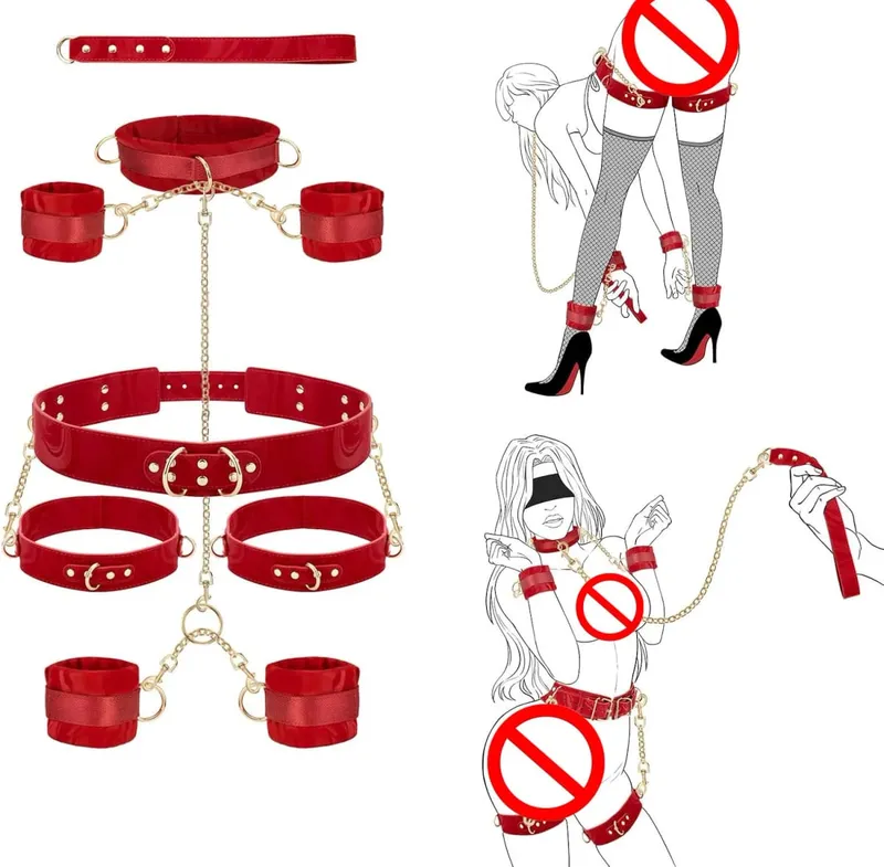 Sex Bondage BDSM Kit Restraints Neck to Wrist SM Adjustable Handcuffs Ankle Thigh Cuff Cross Waist Strap Traction Chain Collar