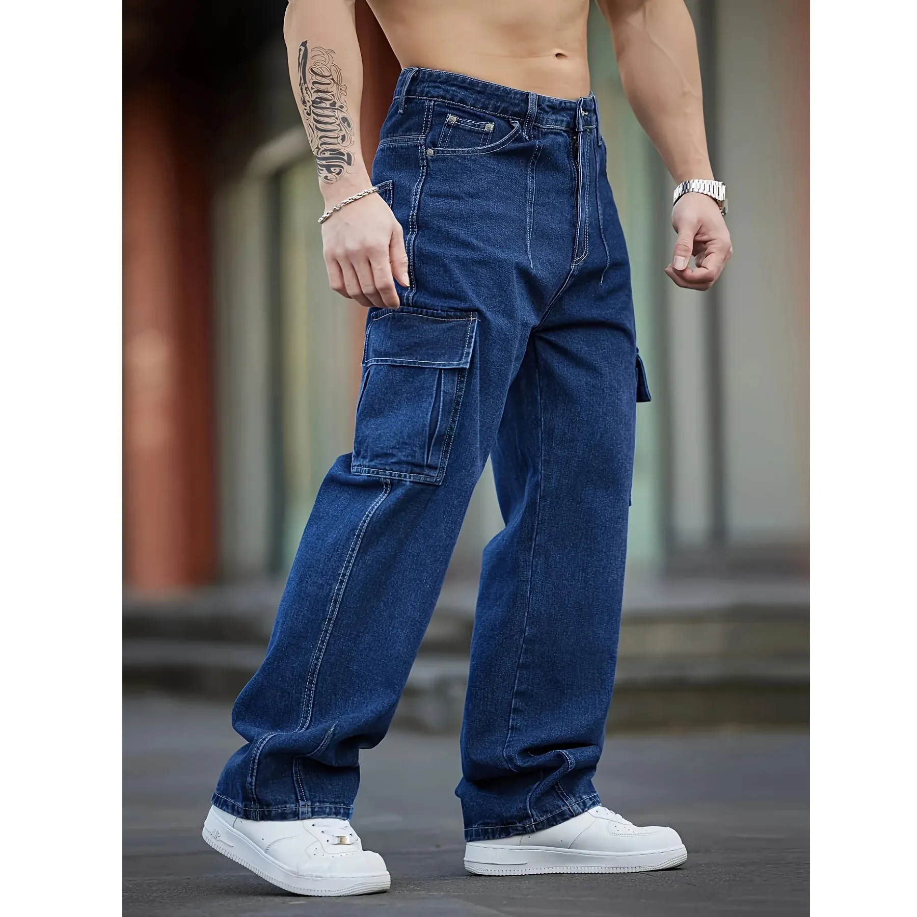 2026 New Arrival Men Cargo Jeans Multi‑Pocket Loose Wide Leg Straight Denim Pants HipHop Street Workwear Trousers