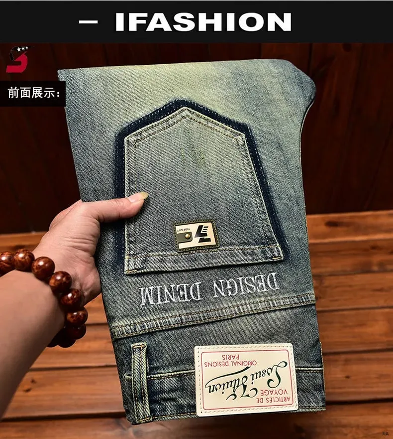2026 Retro Nostalgic Jeans Men's Embroidered Print Spring and Autumn Men's Clothing Elastic Slimming Small Foot Trendy Pants