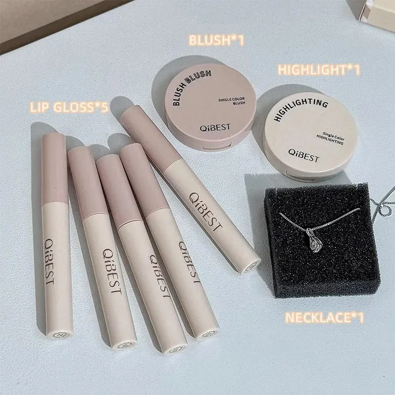 Retro Mail Design Multipurpose Face Makeup Set Include 5 Liquid Lipstick 1 Blush 1 Highlight And 1 Necklace Cosmetics Kit