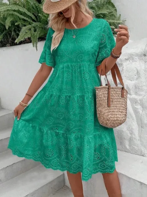 Nữ Trắng Silicon Thêu Đầm Midi Khoét Hở Boho Flowy Xù Tầng Váy Đầm Ngắn Tay Đi Biển Mùa Hè Áo — image 7
