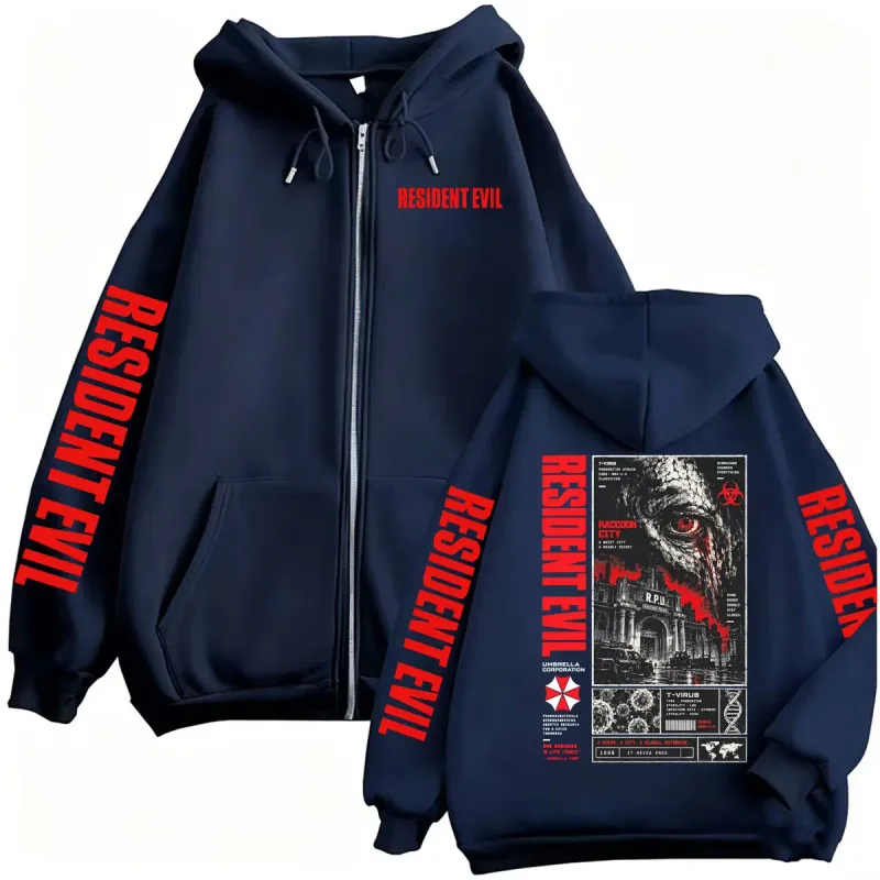 Vintage Resident Evil T-Virus Horror Gaming Zip Up Hoodies Men Women Harajuku Gothic Fashion Jacket Sweatshirts Coats Streetwear