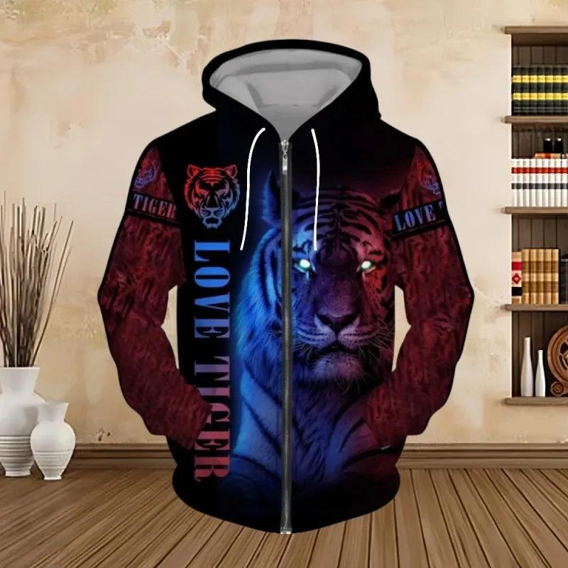Spring and Autumn Men's Hoodie Sweatshirt 3D Digital Print Tiger Series Zip up Hoodies Fashion Personalized Sweatshirt for Men