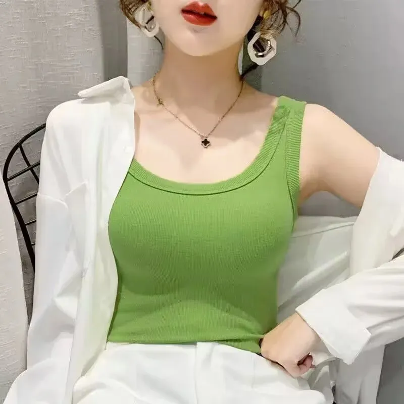 2023 Summer Women Basic Ribbed Knitted Tank Top Solid Color Sleeveless T-shirts Casual Camis Green Blue Elastic Female Tops