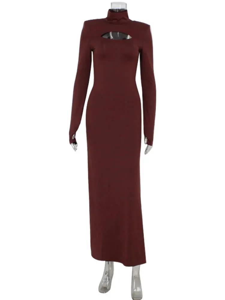 Ahagaga Guaina sexy Abiti maxi da donna Dolcevita solido Maniche lunghe regolari Scava fuori Vestibilità aderente Abiti da festa Vestaglie