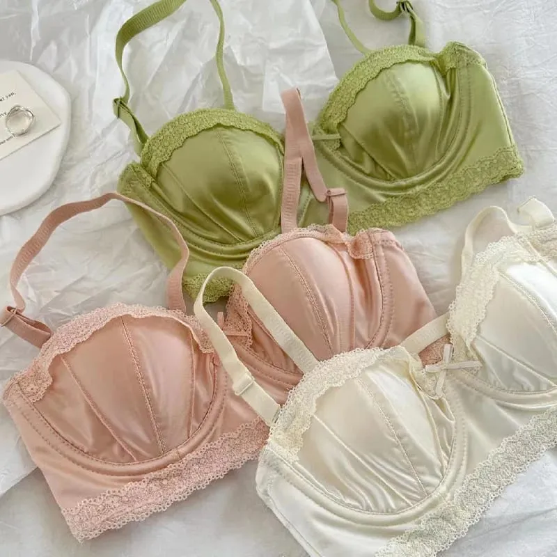 French girly underwire push-up bra Sweet lace edge half cup lingerie women's thin cup with anti-sagging bra set