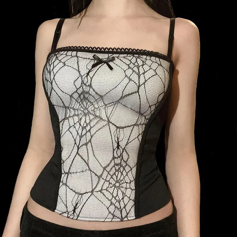 Gothic Punk Girl Spider Web Pattern Lace Patchwork Camis Women Sexy Sleeveless Square Collar Slim Tank Top Streetwear Crop Top — image 12